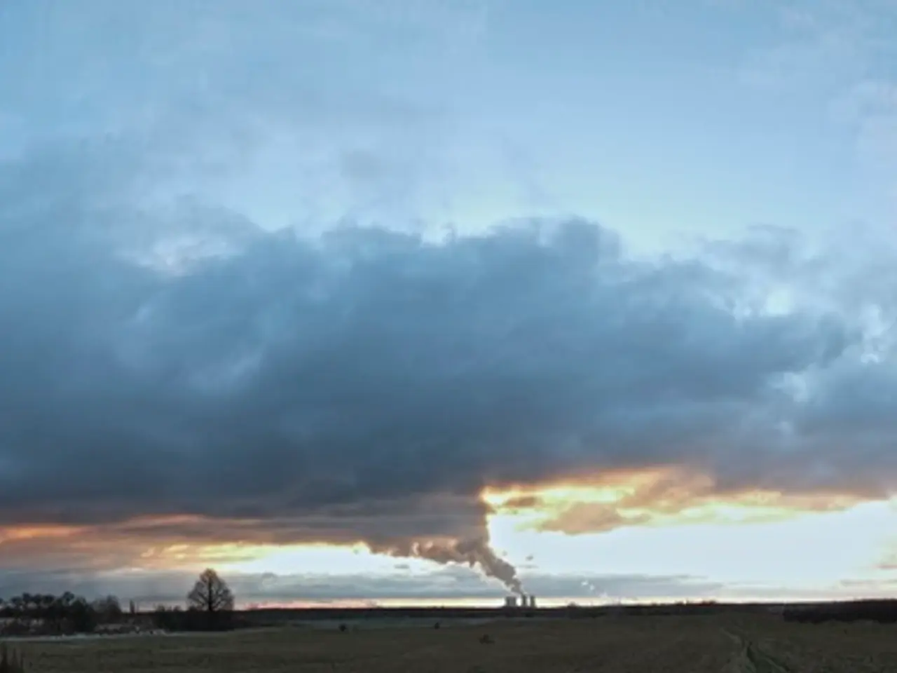 Here we see cloudy sky and factory tunnel releasing smoke and few trees and few plants on the right
