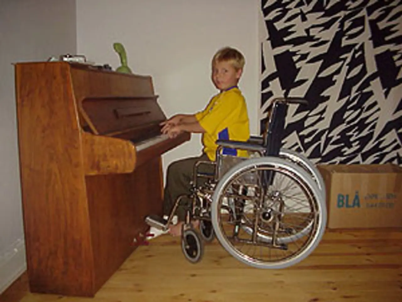 In this picture there is a boy is sitting on wheelchair and playing a piano. On top of piano there...