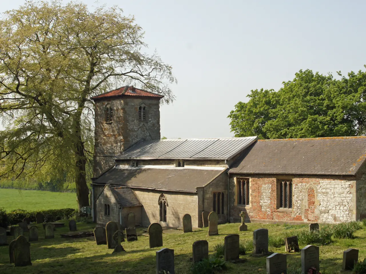 In this image I can see few houses, trees, windows, cemeteries and the sky is in blue and white...