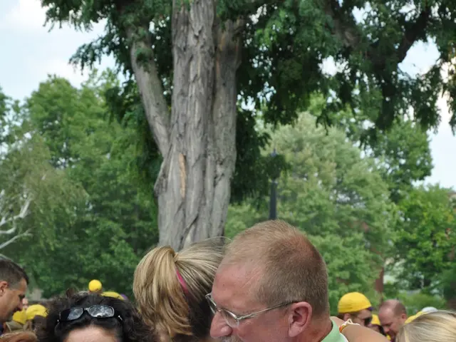 In the picture we a man and a woman are hugging and behind them, we can see some people are...