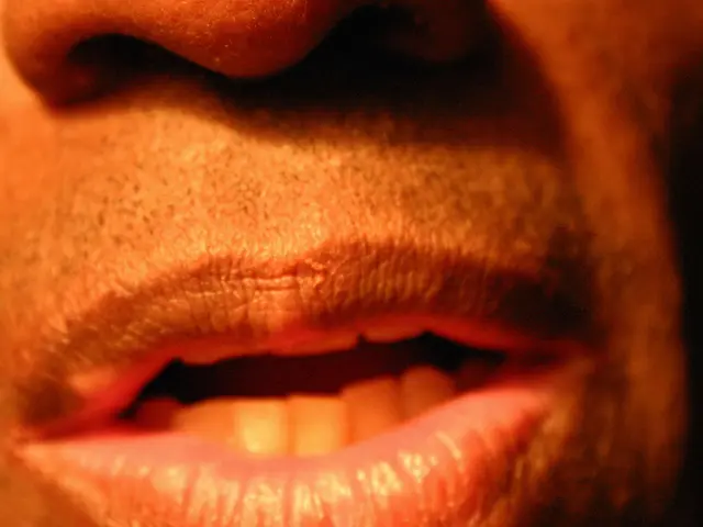 In this picture I can observe mouth of a human. On the top of the picture there is a nose. I can...