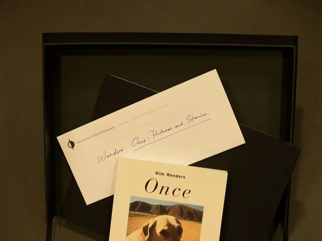 We can see cards on a wall, on this card we can see dogs.